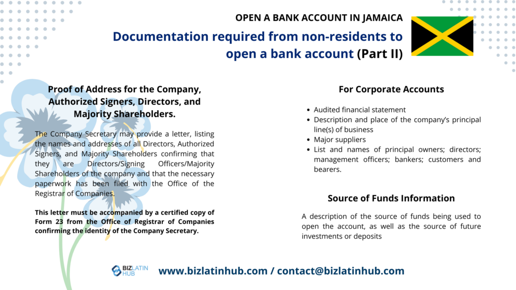 A document titled "OPEN A BANK ACCOUNT IN JAMAICA - Documentation required from non-residents to open a corporate bank account in Jamaica (Part II)" with details on required documentation for corporate accounts and source of funds, accompanied by a Jamaican flag. Contact info included.