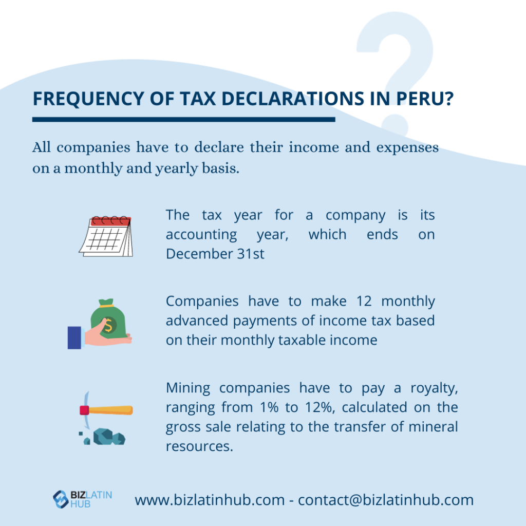 A graphic titled "Frequency of Tax Declarations in Peru?" outlines the tax and accounting requirements, detailing the tax year ending December 31st. Companies must make 12 advanced income tax payments based on their monthly taxable income. Mining companies pay royalties of 1%-12%. Contact details at the bottom.