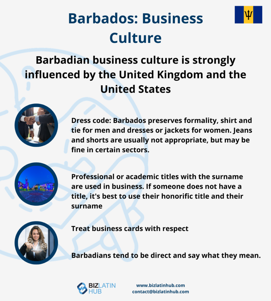 Infographic titled "Barbados: Business Culture" with tips on Barbadian business practices. Guidance includes formality in dress code, use of professional or academic titles, treating business cards with respect, and the Barbadian direct communication style. Features Biz Latin Hub contact information and Employer of Record (EOR) in Barbados services at the bottom.