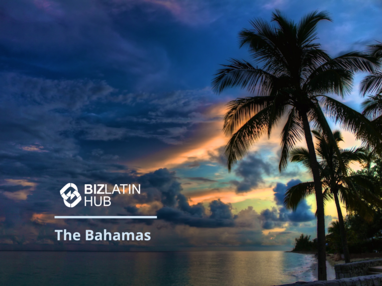 A picturesque beach scene in the Bahamas during sunset, featuring vibrant colors in the sky and silhouettes of palm trees. The image includes the Bizlatin Hub logo and the text "Abrir uma conta bancária corporativa nas Bahamas" in the lower left. A tranquil ocean extends to the horizon.