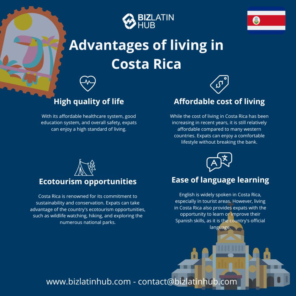 An infographic by Biz Latin Hub outlines the advantages of living in Costa Rica, highlighting hiring trends in Costa Rica alongside benefits like high quality of life, affordable cost of living, ecotourism opportunities, and ease of language learning. It features an illustration of a landscape.