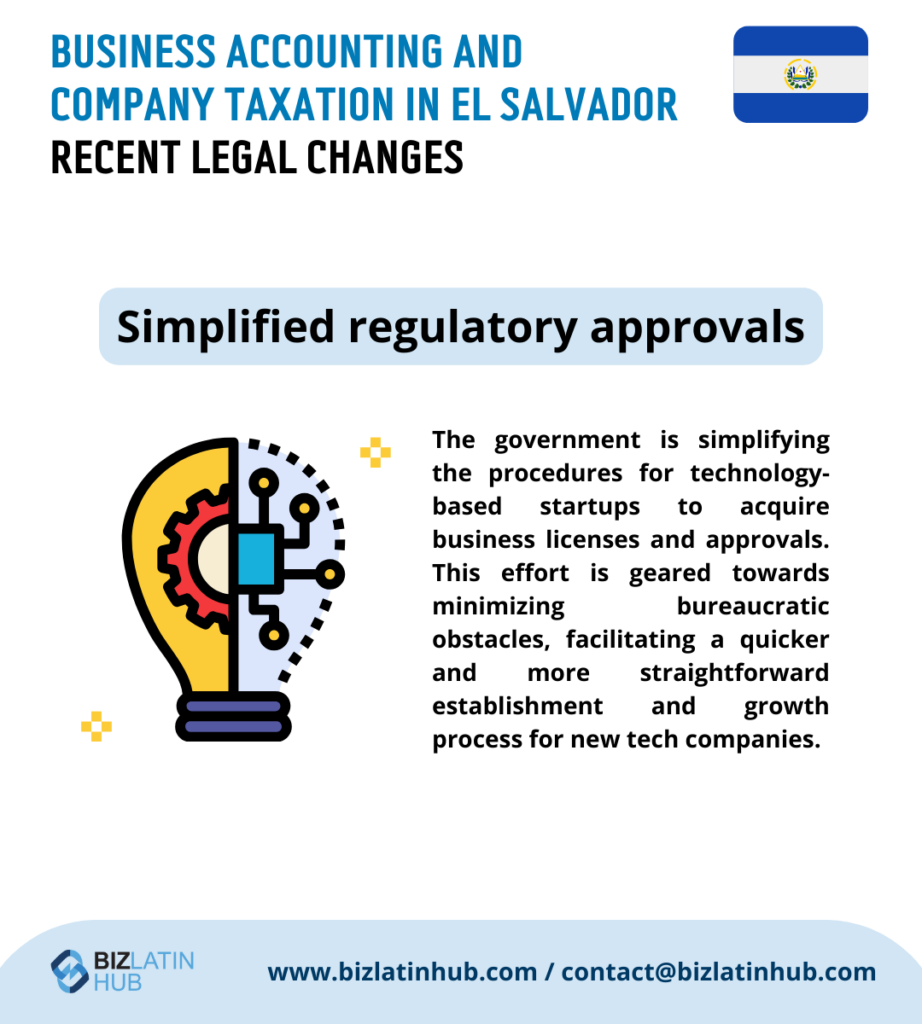 Business Accounting and Company Taxation in El Salvador. Recent Legal Changes. Simplified Regulatory Approvals: Illustration of a lightbulb with gears inside, symbolizing innovative ideas. Text highlights streamlined processes for tech-based startups to acquire business licenses and approvals, enhancing accounting in El Salvador.