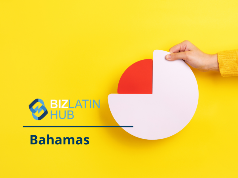 Una mano sostiene un gráfico circular blanco con un segmento rojo eliminado sobre un fondo amarillo brillante. El texto de la imagen dice "Biz Latin Hub Bahamas" con el logotipo de Biz Latin Hub, resaltando "requisitos fiscales y contables en las Bahamas".