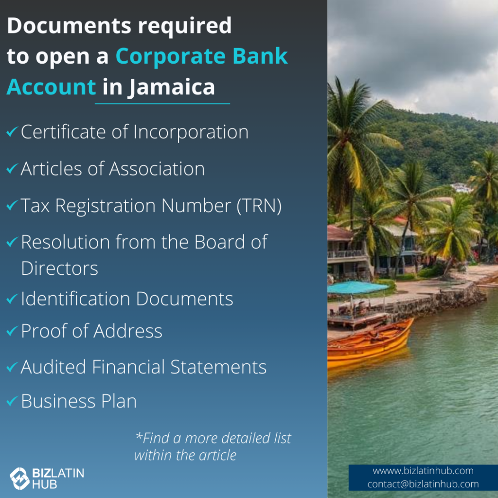 Corporate compliance documents for bank account opening in Jamaica including TRN and shareholder IDs