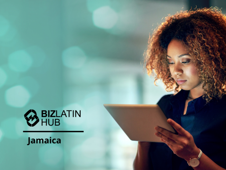 A person with curly hair is looking at a tablet in their hands. The background is blurred with light blue and green hues. Next to the person, there is a logo for BizLatin Hub and the text "Tax and Accounting Requirements in Jamaica.