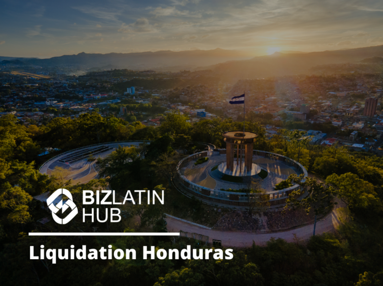 An aerial view of a circular monument surrounded by greenery at sunset. The BizLatin Hub logo and text “Entity Liquidation in Honduras” are overlaid on the image. The background shows a cityscape with mountains in the distance.