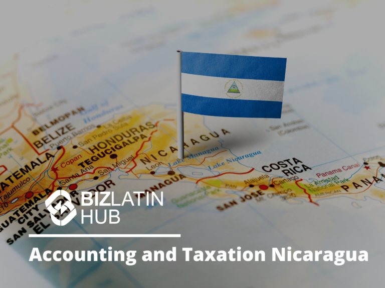 A small Nicaraguan flag is pinned on a map highlighting Nicaragua and its neighboring countries in Central America. The map displays roads and cities. The text overlay reads: "BIZLATIN HUB - Accounting, Taxation, and Corporate Legal Compliance Nicaragua.