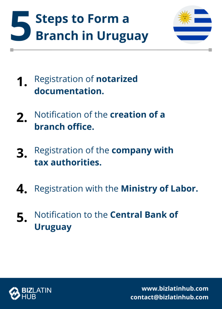 A five-step guide titled "5 Steps to Form a Branch in Uruguay" includes: 1. Registration of notarized documentation. 2. Notification of the creation of a branch office. 3. Registration with tax authorities. 4. Registration with the Ministry of Labor. 5. Notification to the Central Bank of Uruguay.

Biz Latin Hub's logo and contact information (contact@bizlat