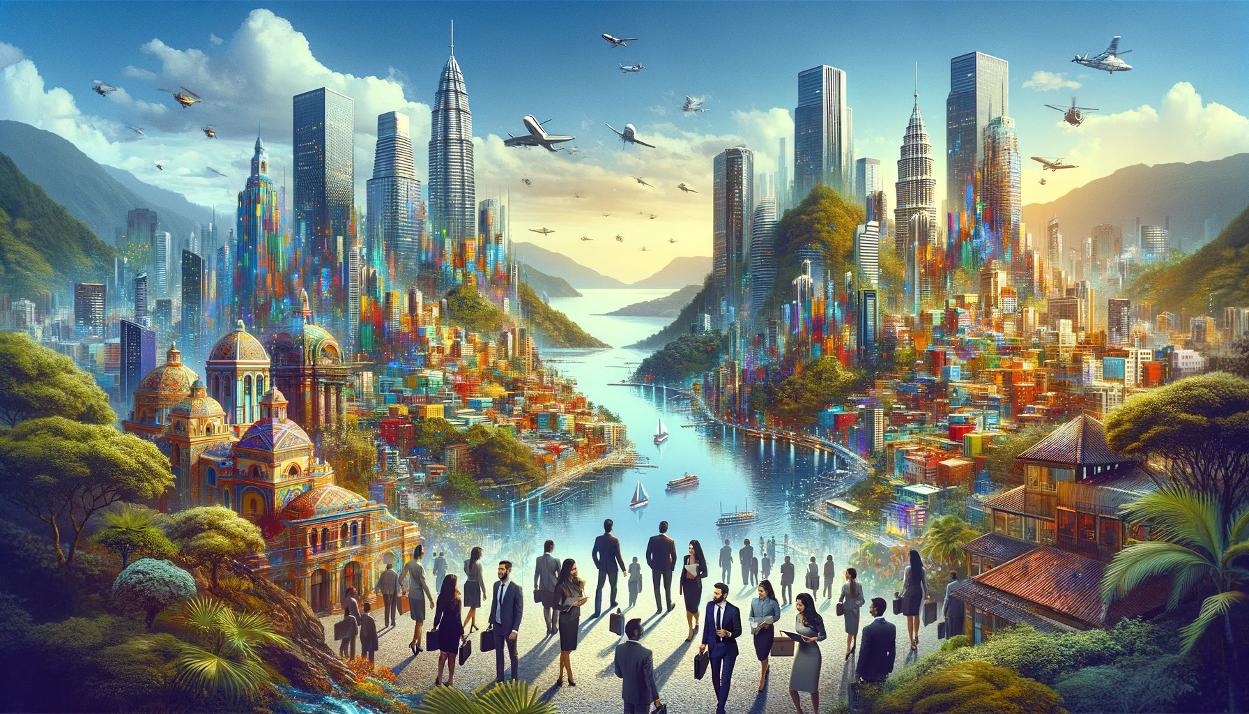 A vibrant, futuristic cityscape featuring tall, colorful skyscrapers and diverse architecture set amidst lush mountains and a wide river. The foreground shows people walking and engaging, while boats and flying vehicles move through the air and water.