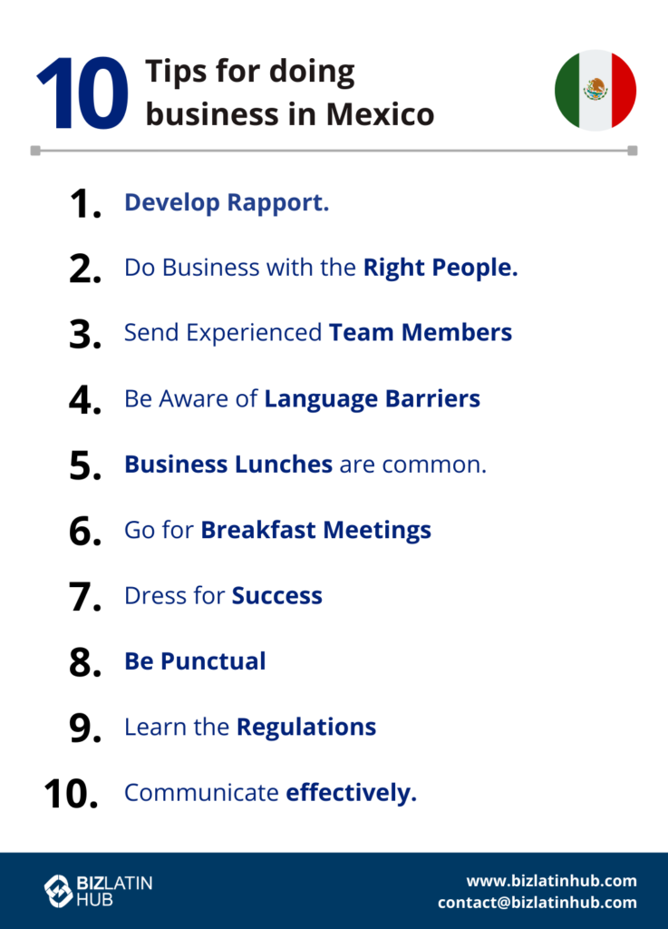 An infographic titled "10 Tips for Doing Business in Mexico," featuring a Mexican flag. Tips include: 1. Develop Rapport, 2. Do Business with the Right People, 3. Send Experienced Team Members, 4. Be Aware of Language Barriers, 5. Business Lunches are Common, 6. Go for Breakfast Meetings, 7. Dress for Success, 