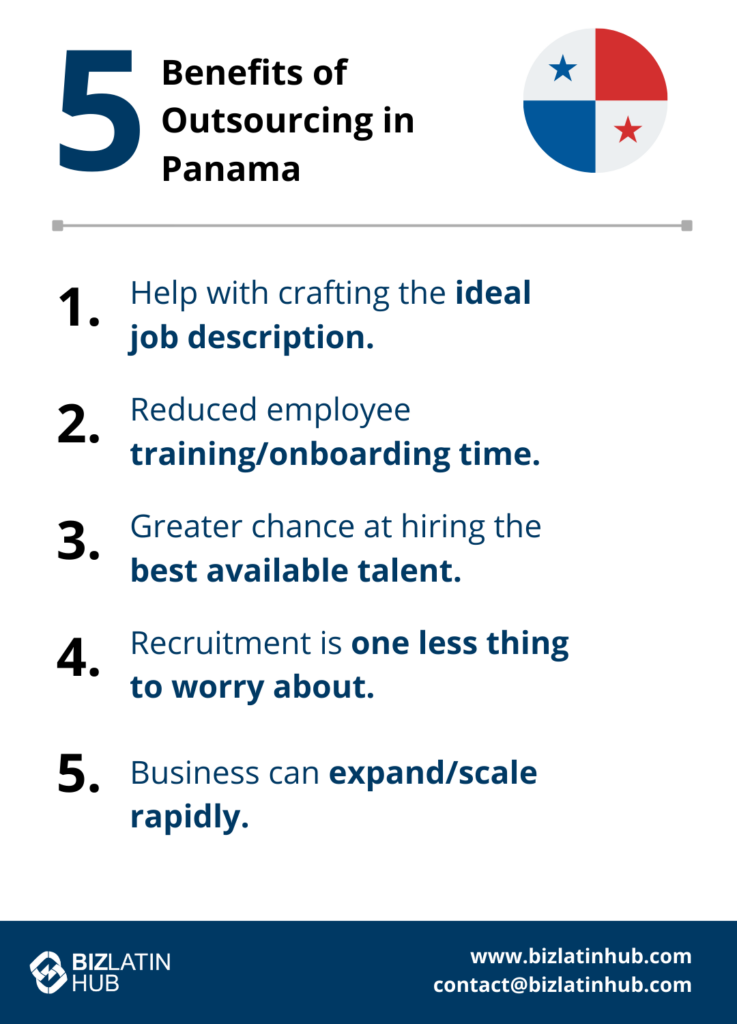 An infographic titled "5 Benefits of Recruitment Outsourcing in Panama" with a Panama flag icon. The benefits listed are: help with crafting the ideal job description, reduced employee training/onboarding time, greater chance at hiring the best talent, easier recruitment, and rapid business scale. Contact information and website for Biz Latin Hub are included at the bottom.