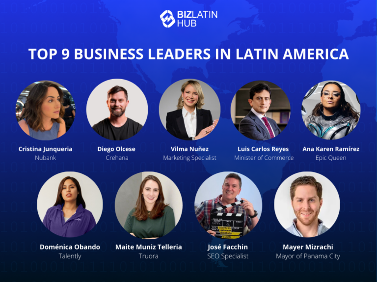 A graphic from BizLatin Hub titled "Top 9 Young Business Leaders in Latin America." It features headshots and names of nine individuals: Cristina Junqueira, Diego Olcese, Vilma Nuñez, Luis Carlos Reyes, Ana Karen Ramírez, Doménica Obando, Maite Muniz Tellería, José Facchin, and Mayer Mizrachi.