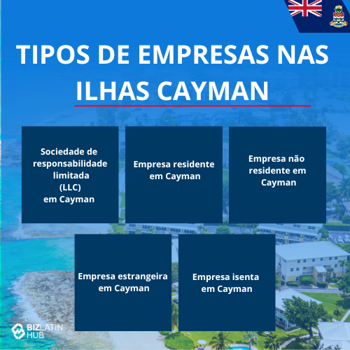 Infográfico intitulado "Types of Companies in Cayman Islands" (Tipos de empresas nas Ilhas Cayman), com um plano de fundo de uma área costeira. Ele lista: Sociedade de responsabilidade limitada (LLC) no Escritório das Ilhas Cayman, Empresa residente nas Ilhas Cayman, Empresa não residente nas Ilhas Cayman, Empresa no exterior e Empresa isenta nas Ilhas Cayman. Ideal para você entender a formação de empresas nas Ilhas Cayman.