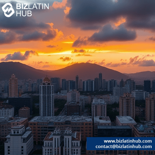 Sunset view over a cityscape, featuring several tall buildings with mountains in the background. The sky is filled with vibrant orange and purple hues. The BizLatin Hub logo and contact information are in the corners.