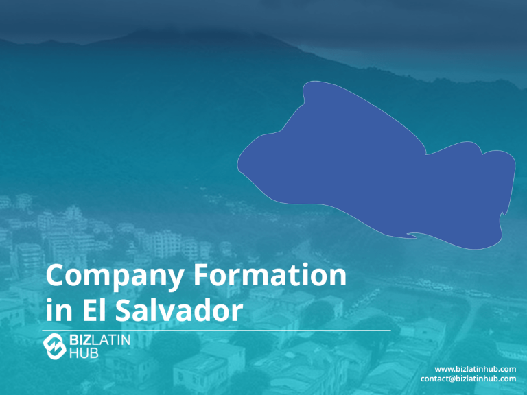 Uma ilustração promocional do Biz Latin Hub com o texto "Formação de empresa em El Salvador". O plano de fundo mostra uma paisagem urbana desfocada com montanhas e uma silhueta azul do país. O site e as informações de contato estão incluídos na parte inferior.