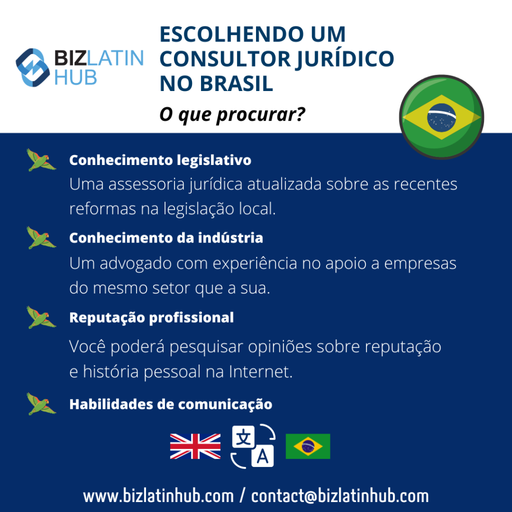Um infográfico do BizLatin Hub intitulado "Choosing a Legal Counsel in Brazil: What to look for?" apresenta dicas: Conhecimento legislativo, Conhecimento do setor, Reputação profissional e Habilidades de comunicação. Os ícones incluem uma bandeira do Brasil e bandeiras representando diferentes idiomas.