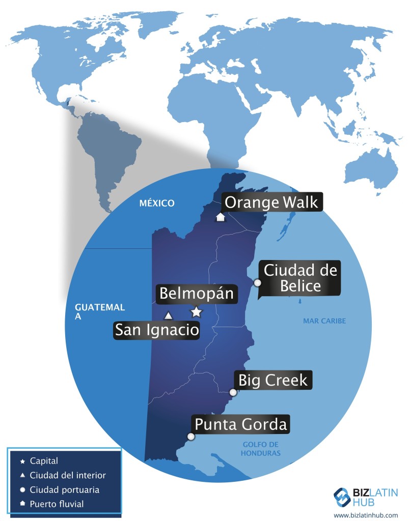 Mapa de Belice en el que se destaca la ubicación de varias ciudades y pueblos, como Belmopán, Orange Walk, San Ignacio, Ciudad de Belice, Big Creek y Punta Gorda. Situado en América Central, muestra las fronteras con México y Guatemala y destaca el golfo de Honduras. La legislación laboral de Belice se aplica en todas partes.