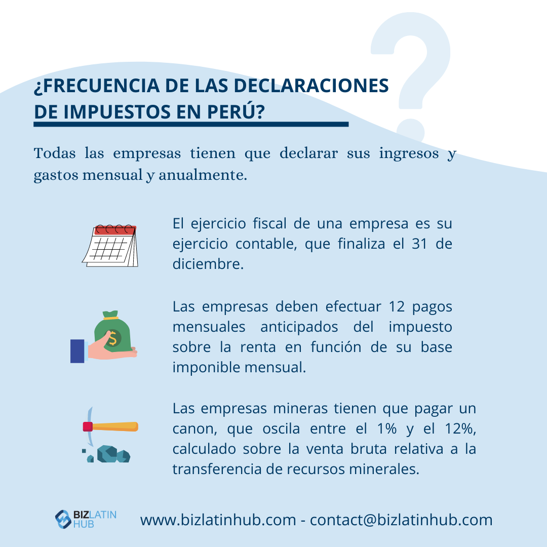 Precios de transferencia en Perú: Un gráfico titulado "¿Frecuencia de las declaraciones de impuestos en Perú?" resume los requisitos fiscales y contables, detallando el año fiscal que finaliza el 31 de diciembre. Las empresas deben efectuar 12 pagos anticipados del impuesto a la renta en función de su renta imponible mensual. Las empresas mineras pagan regalías de 1%-12%. Los datos de contacto figuran al final.