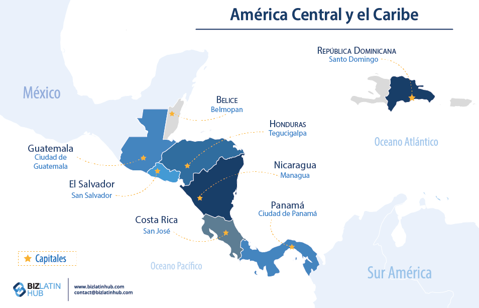 Mapa representativo de los países que conforman Centroamérica y el Caribe. Los procesos de registro de marcas difieren de un país a otro.