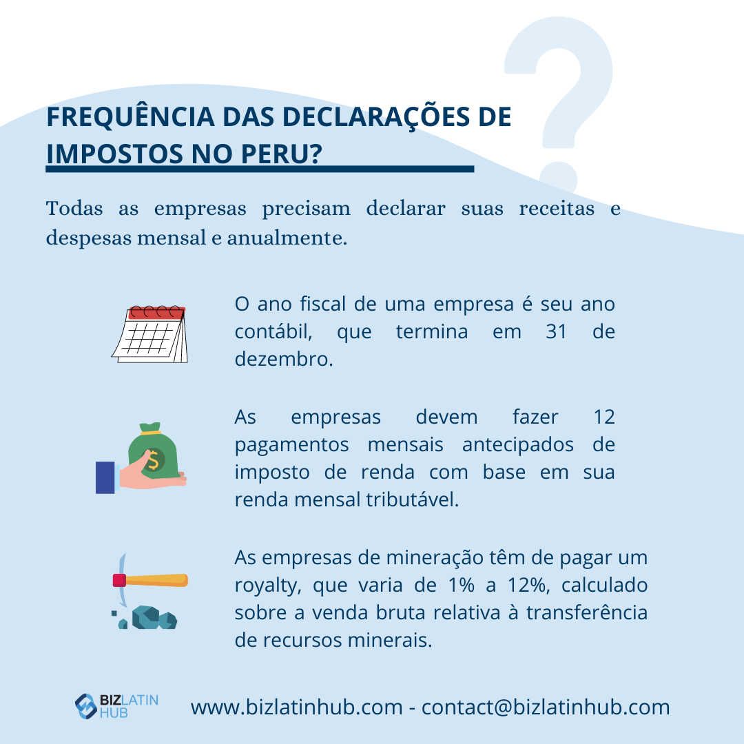 Preço de transferência do Peru: Um gráfico intitulado "Frequency of Tax Declarations in Peru?" (Frequência de declarações fiscais no Peru?) descreve as exigências fiscais e contábeis, detalhando o ano fiscal que termina em 31 de dezembro. As empresas devem fazer 12 pagamentos antecipados de imposto de renda com base em sua renda mensal tributável. As empresas de mineração pagam royalties de 1%-12%. Detalhes de contato na parte inferior.