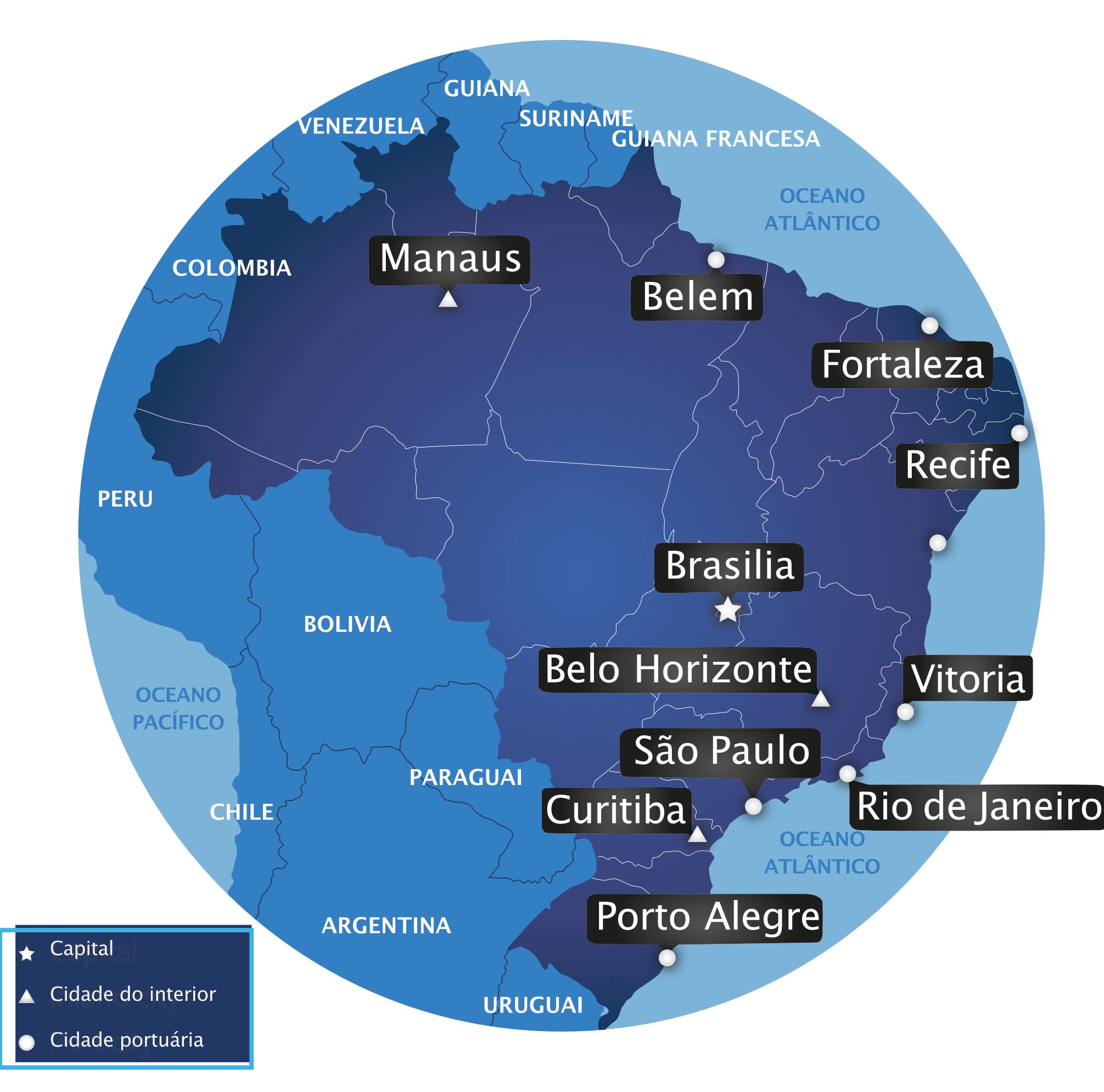 Este mapa mostra o Brasil e seus países vizinhos com várias cidades marcadas.
Manaus, Fortaleza, Salvador da Bahia, Brasília, São Paulo, Rio de Janeiro e Porto Alegre estão destacadas.
As capitais, cidades do interior, cidades portuárias e regiões importantes para o direito trabalhista no Brasil estão indicadas com ícones diferentes.