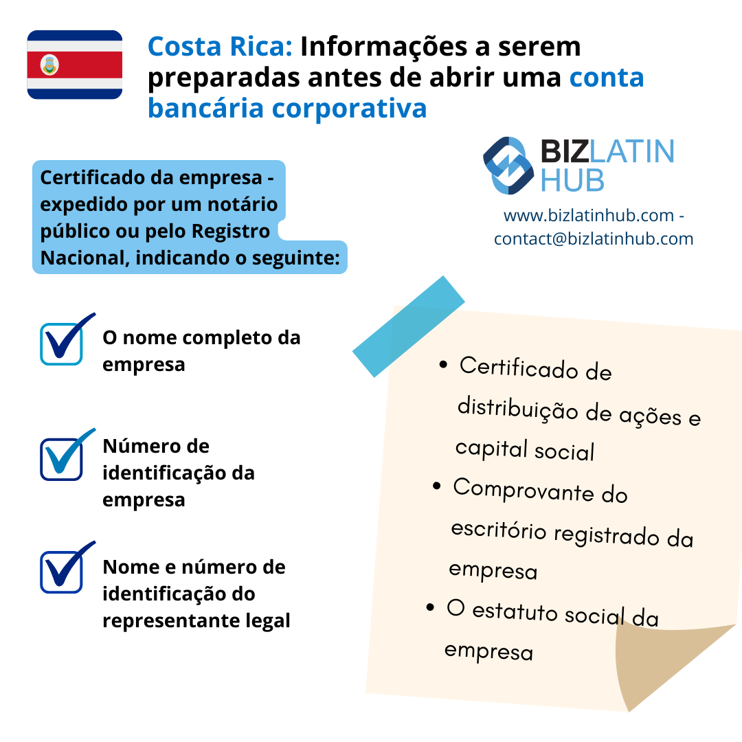 Alguns documentos e informações que o senhor deve preparar ao abrir uma conta bancária corporativa na Costa Rica. Um artigo e um infográfico do Biz Latin Hub.