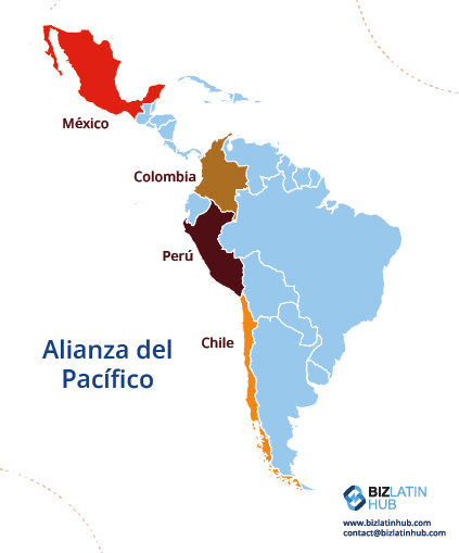 Un mapa de la Alianza del Pacífico en el que se destaca a México, Colombia, Perú y Chile en distintos colores.
Los países están marcados en un mapa de las Américas.
En la parte inferior derecha aparece el logotipo y la información de contacto de la externalización de la contratación y el reclutamiento de Biz Latin Hub en Perú.
