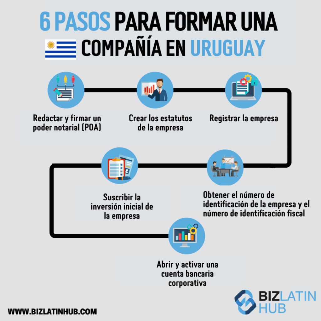 Zonas francas en Uruguay: Infografía titulada "6 pasos para constituir una empresa en Uruguay". Los pasos incluyen: Redactar y Firmar un Poder Notarial, Crear los Estatutos de la Empresa, Registrar la Empresa, Obtener el Número de Identificación de la Empresa y el Número de Identificación Tributaria, Suscribir la Inversión Inicial de la Empresa, Abrir y Activar una Cuenta Bancaria Corporativa. El logo de BizLatin Hub se encuentra en la parte inferior derecha.