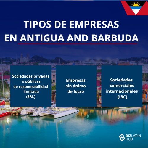 Una imagen titulada "Tipos de empresas en Antigua y Barbuda" muestra un pintoresco paseo marítimo con barcos. Se enumeran tres categorías: Sociedades de responsabilidad limitada (SRL) privadas o públicas, sociedades sin ánimo de lucro y sociedades comerciales internacionales (IBC). Aparece el logotipo de Biz Latin Hub, que destaca la formación de empresas en Antigua y Barbuda. constitución de empresas en Antigua y Barbuda