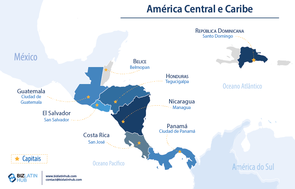 Mapa da América Central mostrando os países - Guatemala, Belize (onde você pode abrir uma conta bancária corporativa), Honduras, El Salvador, Nicarágua, Costa Rica e Panamá. As capitais estão marcadas com estrelas amarelas. O mapa indica as massas de água próximas: Oceano Pacífico, Oceano Atlântico e México ao norte.