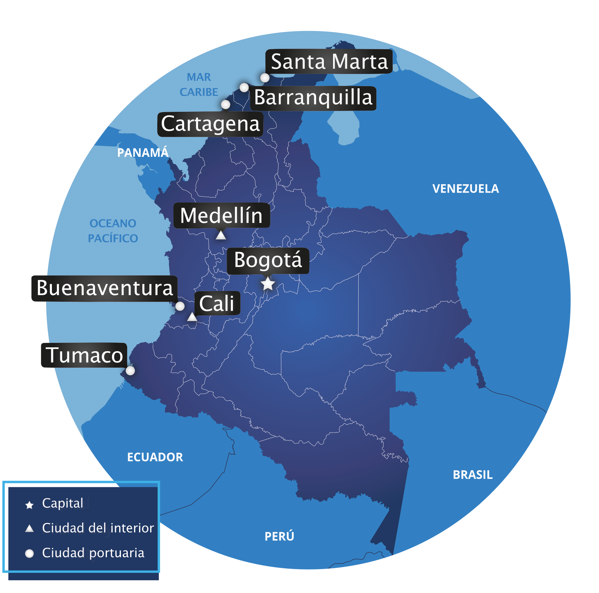 Este mapa muestra Colombia con las principales ciudades marcadas: Bogotá (capital), Medellín, Cali, Cartagena, Barranquilla y Buenaventura.
El mapa utiliza diferentes símbolos para diferenciar entre la capital, las ciudades portuarias y las ciudades del interior.
También se destaca la información sobre visados de negocios en Colombia.
El logotipo de Biz Latin Hub se encuentra en la esquina inferior derecha.